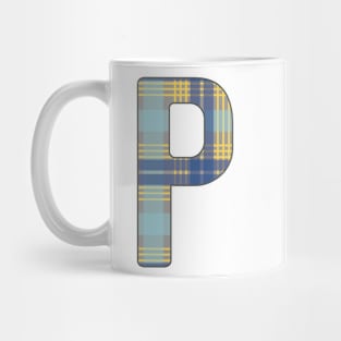 Monogram Letter P, Blue, Yellow and Grey Scottish Tartan Style Typography Design Mug